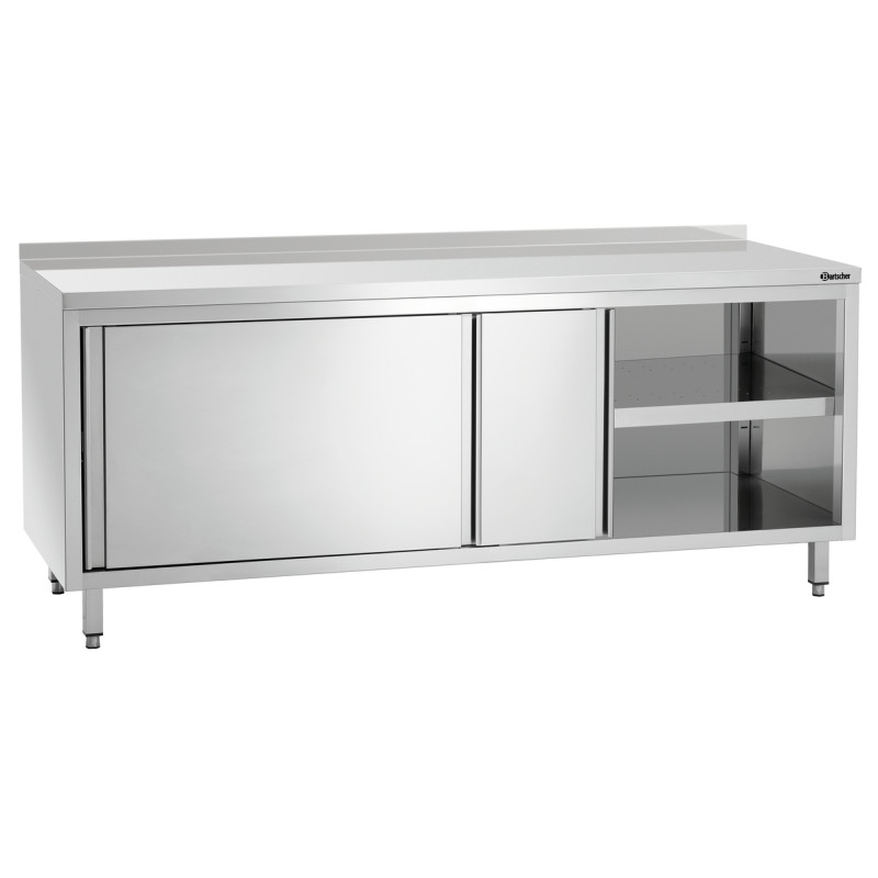 Möbel aus Edelstahl mit Schiebetüren, Regal und Rückwand - L 2000 mm Möbel aus Edelstahl mit Schiebetüren, Regal und Rückwand - L 2000 mm