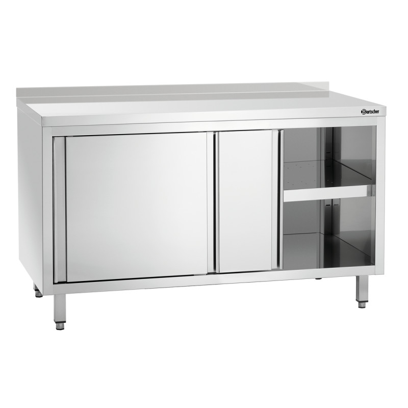 Edelstahlmöbel mit Schiebetüren, Regal und Rückwand - L 1400 mm Edelstahlmöbel mit Schiebetüren, Regal und Rückwand - L 1400 mm