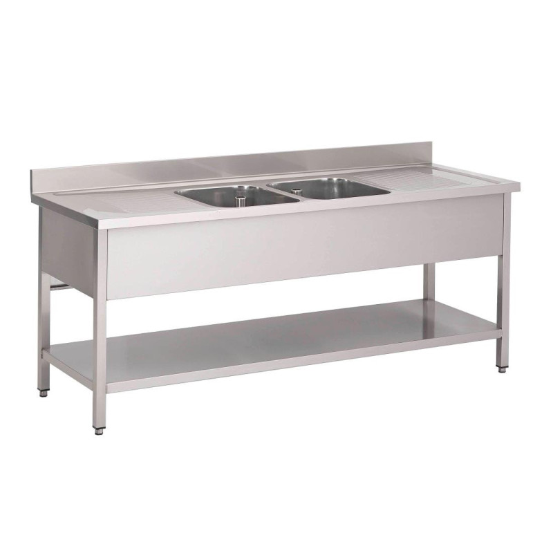 Edelstahl-Tauchbecken mit niedrigem Regal 2 Becken in der Mitte - B 2000 x T 700 mm - Gastro M Edelstahl-Tauchbecken mit niedrigem Regal 2 Becken in der Mitte - B 2000 x T 700 mm - Gastro M