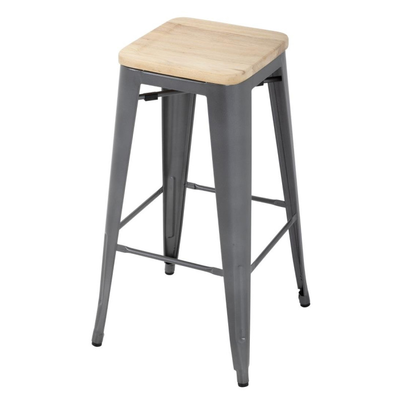 Hocher Bistrohocker aus grauem Stahl mit Holzsitz - 4er-Set - Bolero Hocher Bistrohocker aus grauem Stahl mit Holzsitz - 4er-Set - Bolero