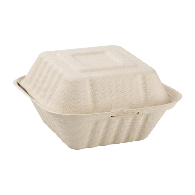 Kompostierbare Hamburgerboxen aus natürlicher Bagasse 152 mm - Packung mit 500 Stück - Ökologie und Praktikabilität in der profe Kompostierbare Hamburgerboxen aus natürlicher Bagasse 152 mm - Packung mit 500 Stück - Ökologie und Praktikabilität in der profe