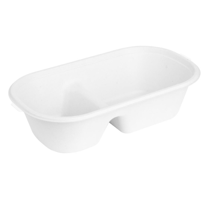 Ovale Schale mit 2 Fächern aus Bagasse - 900 ml - Packung mit 100 - Fiesta Ovale Schale mit 2 Fächern aus Bagasse - 900 ml - Packung mit 100 - Fiesta